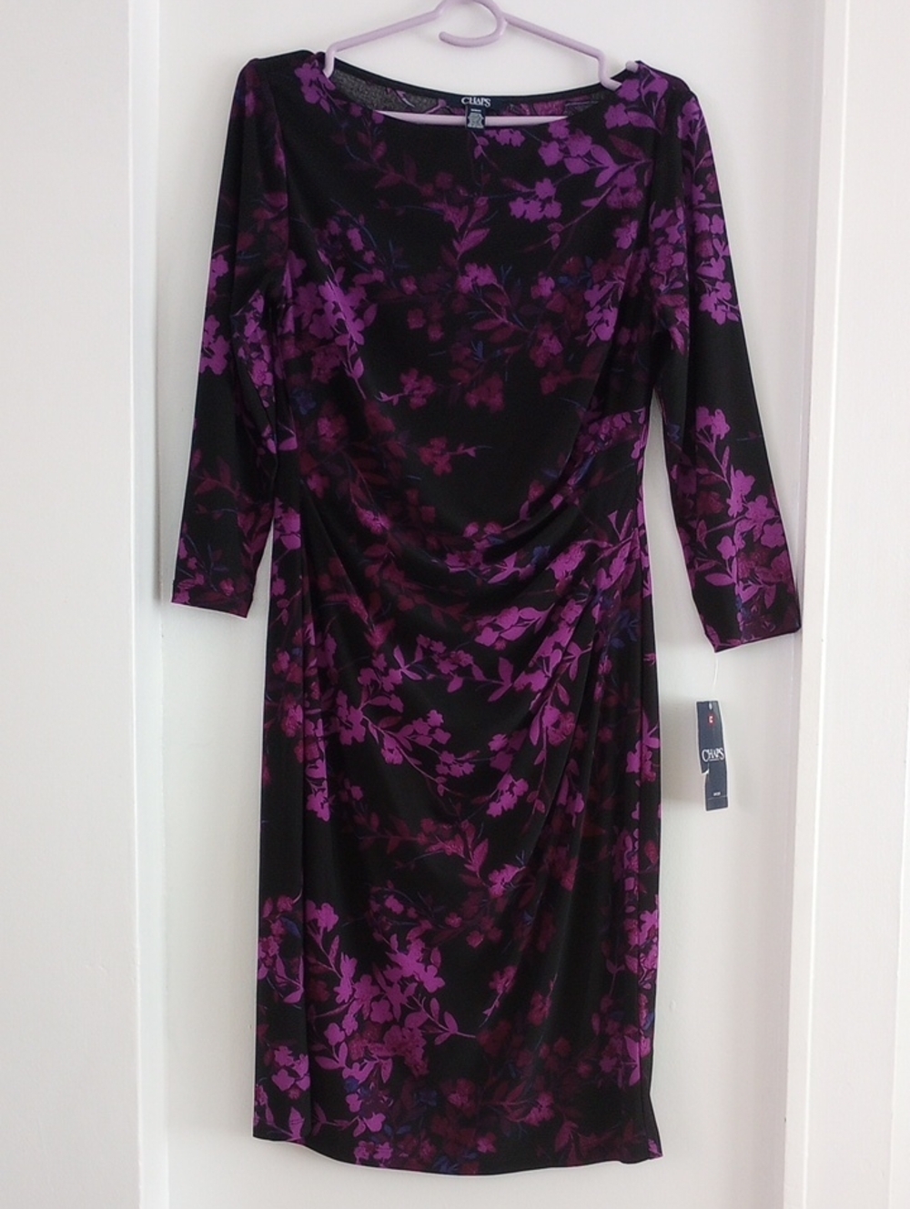 Chaps Black Purple Floral Print Draped Front Dress Size Medium